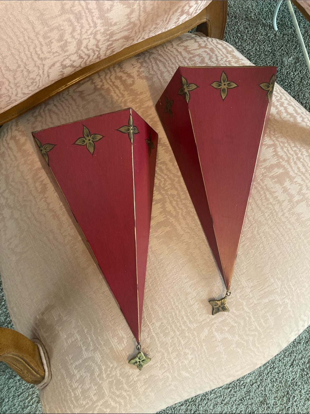 Pair of Metal Red Decorative Wall Shelves with Gold Accents